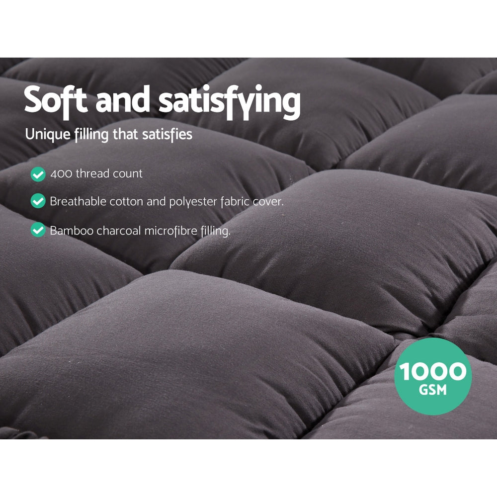 Queen Mattress Topper Pillowtop 1000GSM Charcoal Microfibre Bamboo Fibre Filling