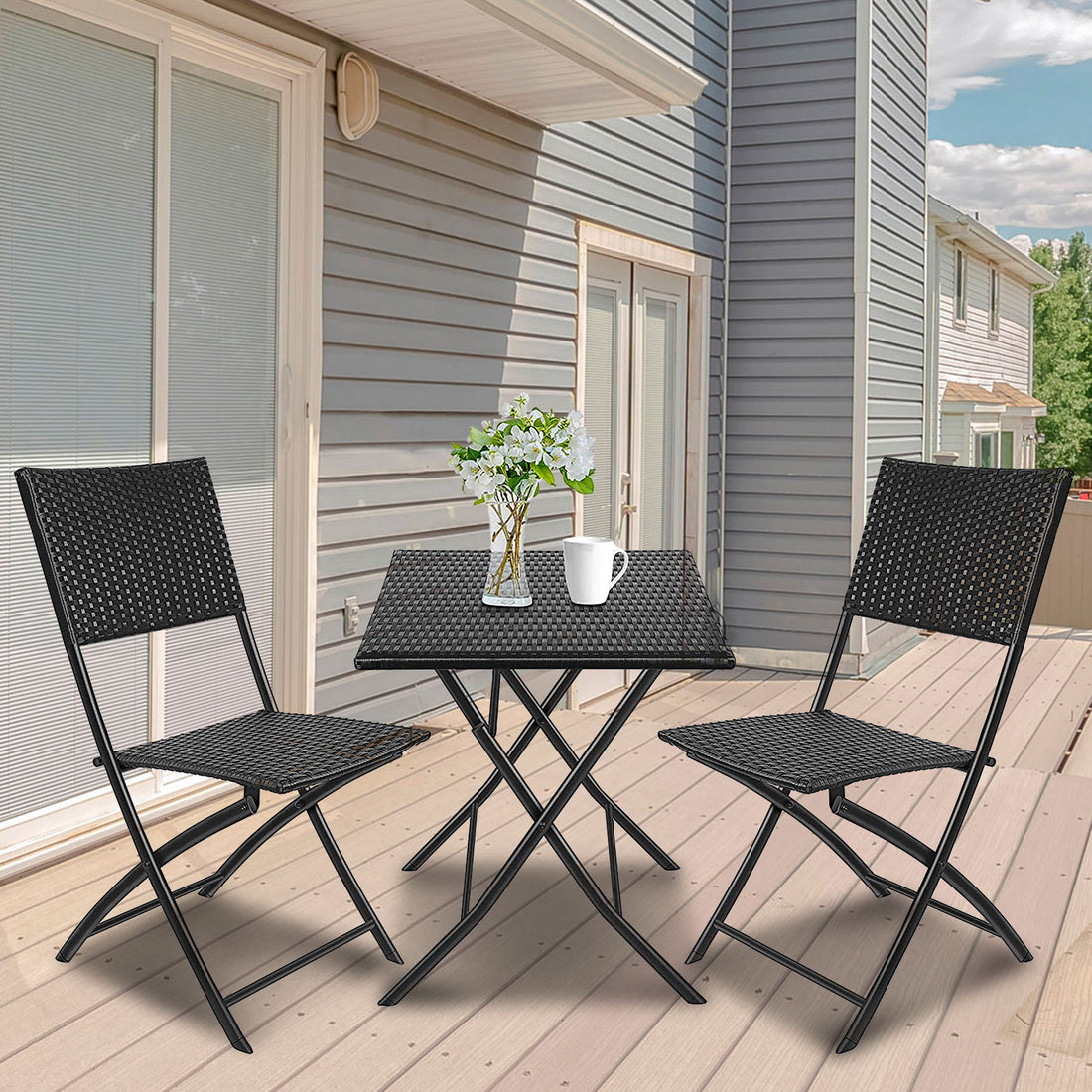 Furniture Outdoor 3 Piece Foldable Rattan Coffee Table Set Garden Patio - Black