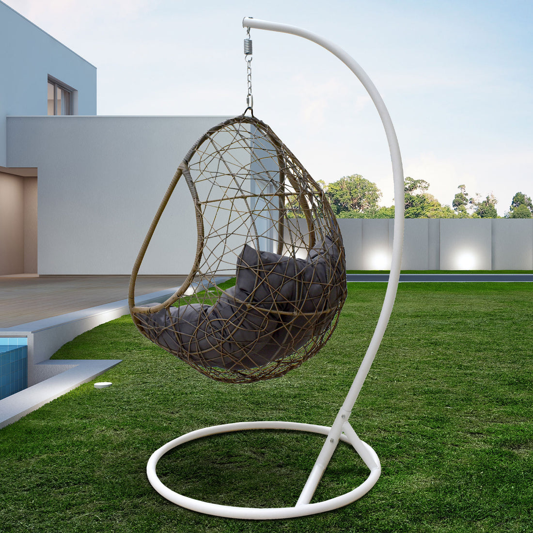 Rocking Egg Chair Swing Lounge Hammock Pod Wicker Curved - Oatmeal and Grey