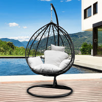 Rocking Egg Chair Outdoor Wicker Rattan Patio Garden Tear Drop - Black and Cream