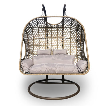 2 Seater Rocking Egg Chair Outdoor Wicker Rattan Patio Garden - Oatmeal and Grey