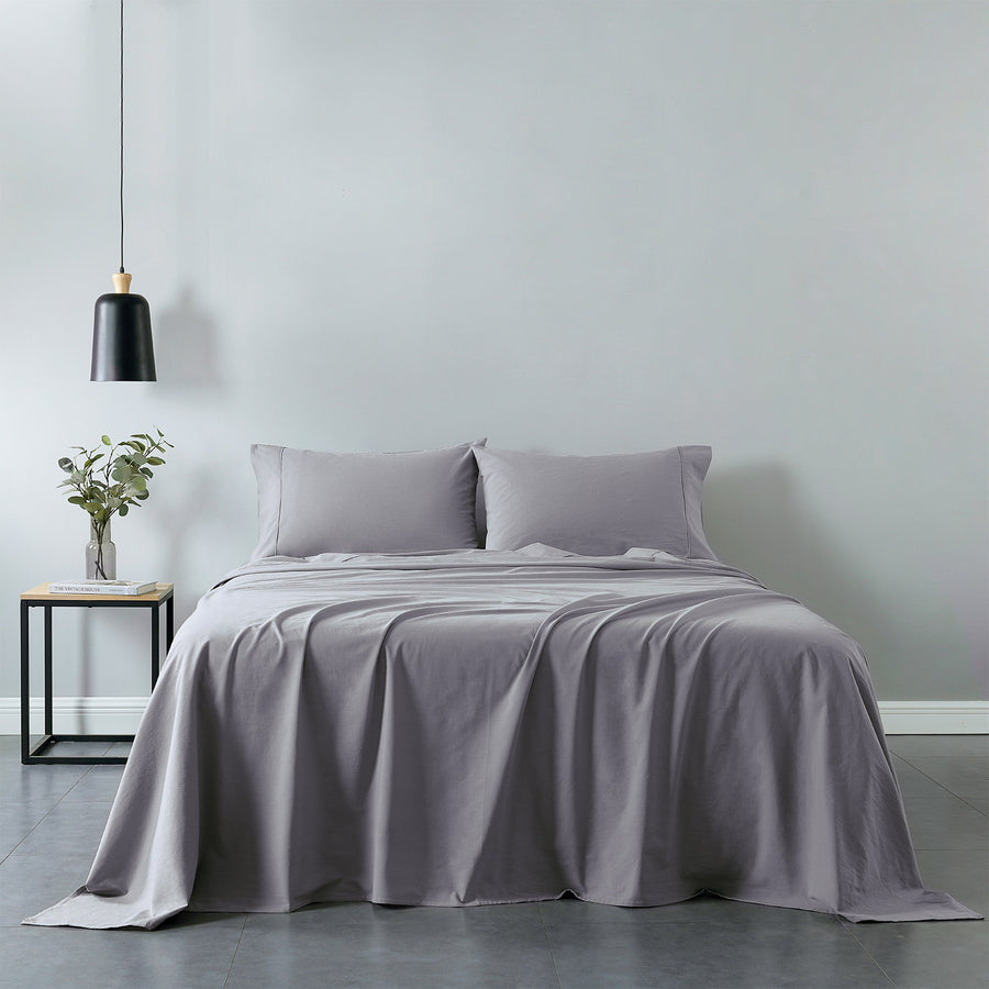 Royal Comfort Vintage Washed 100% Cotton Sheet Set Fitted Flat Pillowcases - Grey Queen