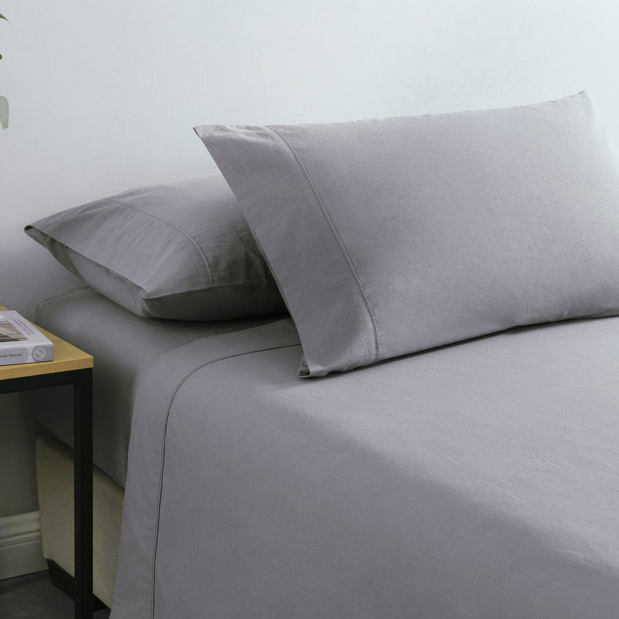 Royal Comfort Vintage Washed 100% Cotton Sheet Set Fitted Flat Pillowcases - Grey Queen