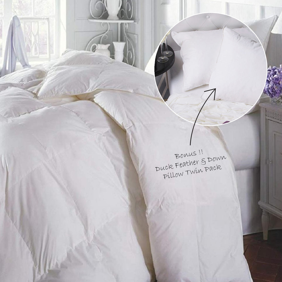 Duck Feather & Down Quilt 500GSM Set And 2 Pack Pillows - White King