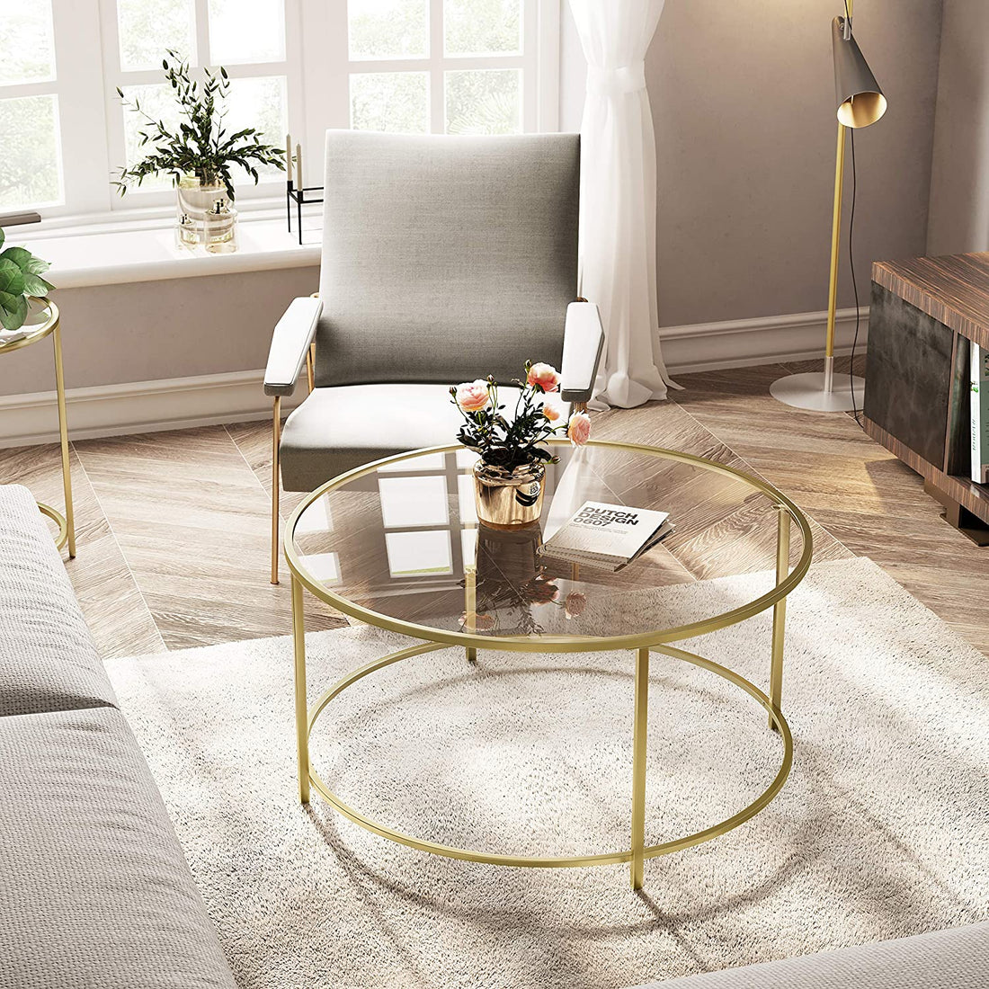 Gold Glass Table with Golden Iron Frame Stable and Robust Tempered Glass