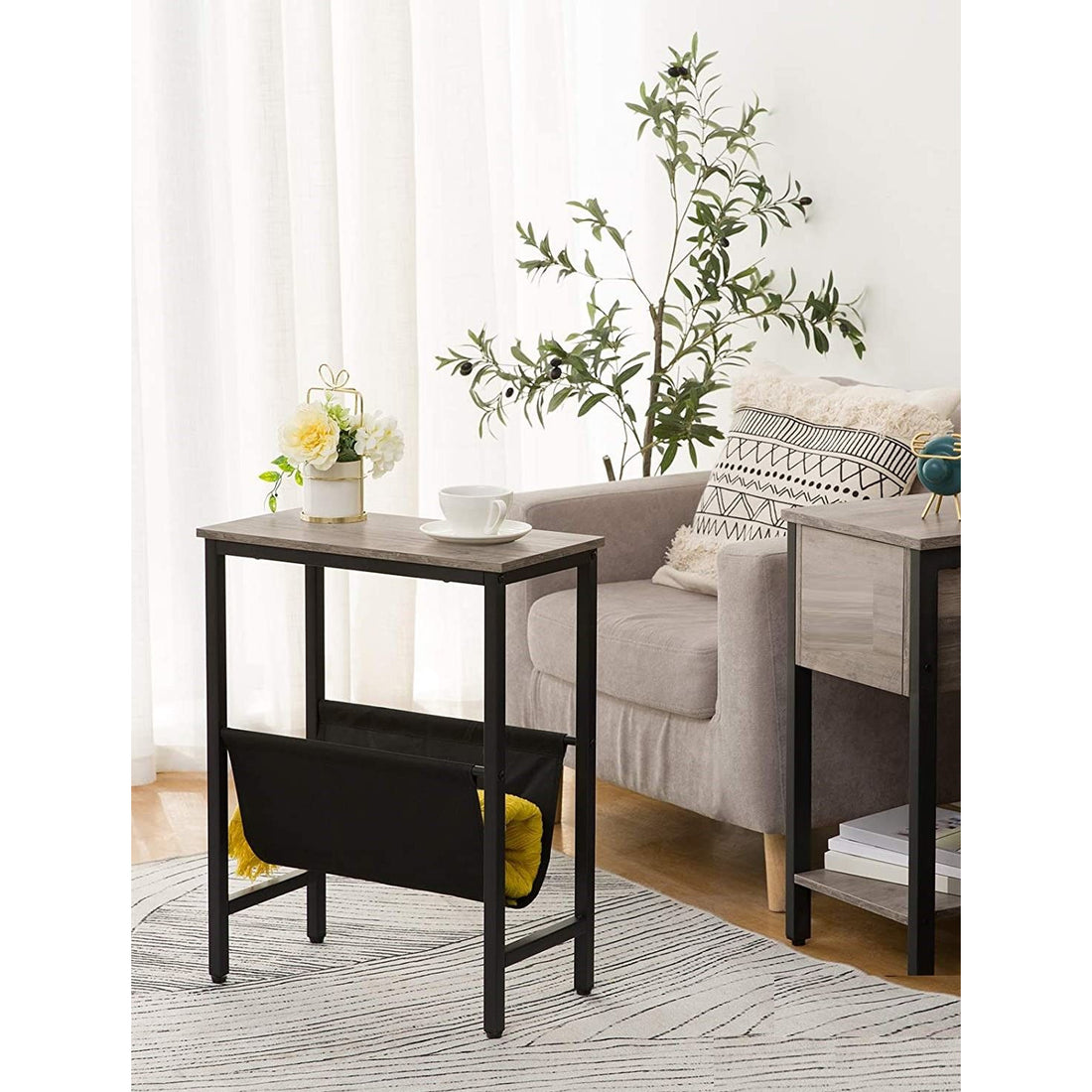 Industrial Side Table with Magazine Holder Sling and Metal Structure (Grey)