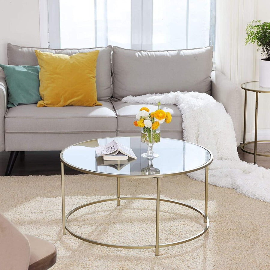 Round Coffee Table Glass Table with Steel Frame Gold LGT21G