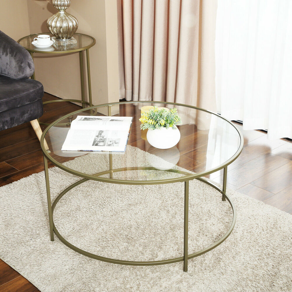 Round Coffee Table Glass Table with Steel Frame Gold LGT21G