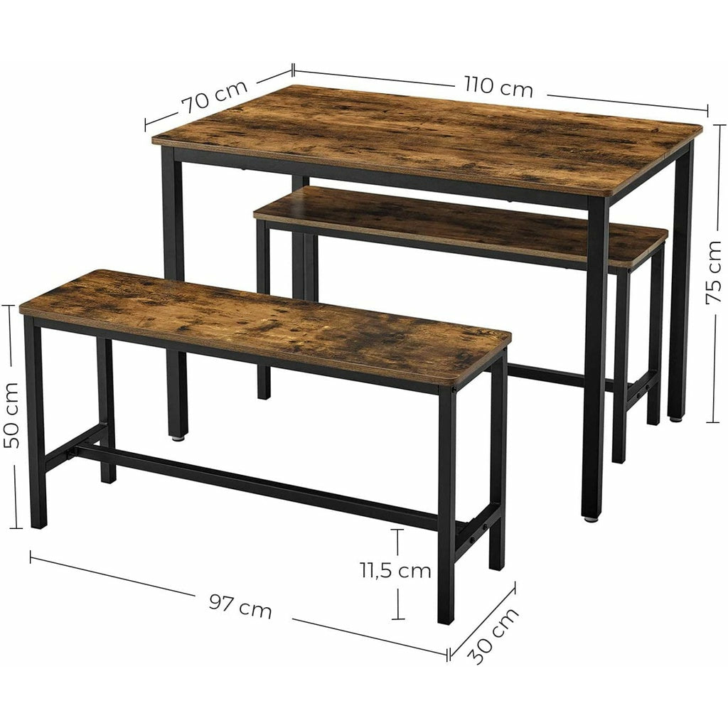 Dining Table Set with 2 Benches Rustic Brown and Black KDT070B01