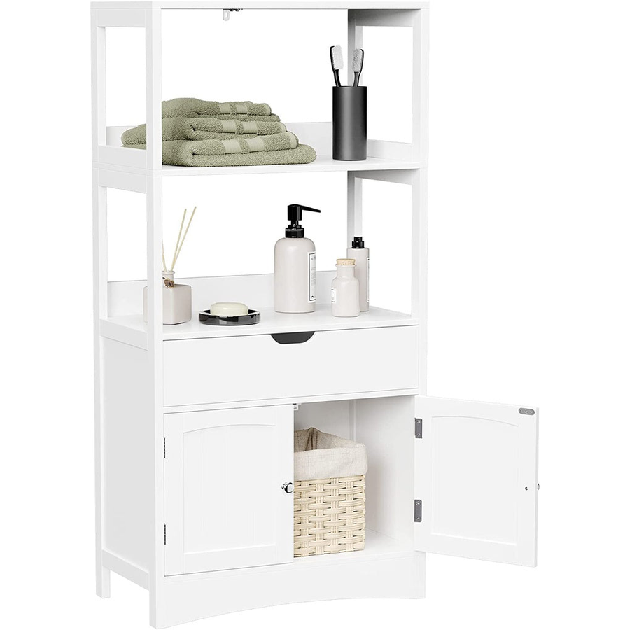 Floor Cabinet with Drawer 2 Open Shelves and Double Doors White BBC64WT
