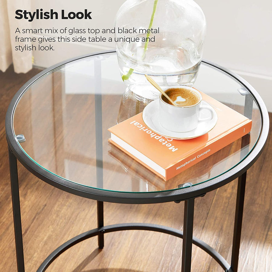 Round Side Glass Table with Metal Frame Modern Style Black