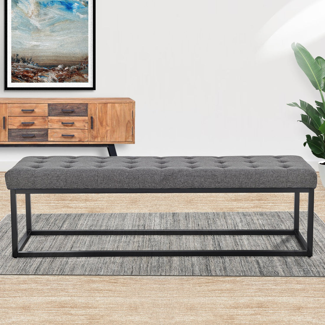 Sarantino Cameron Button-tufted Upholstered Bench With Metal Legs - Dark Grey Linen