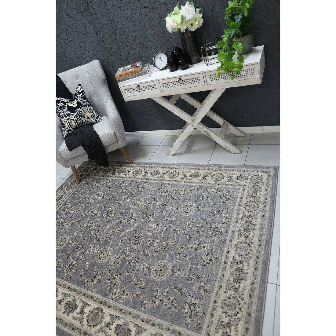 Arya  Grey Cream Border Rug 80x300 cm