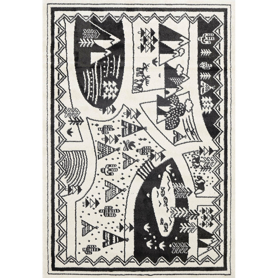 Piccolo Black and White Kids Camping Adventure Kids Rug 120x170cm