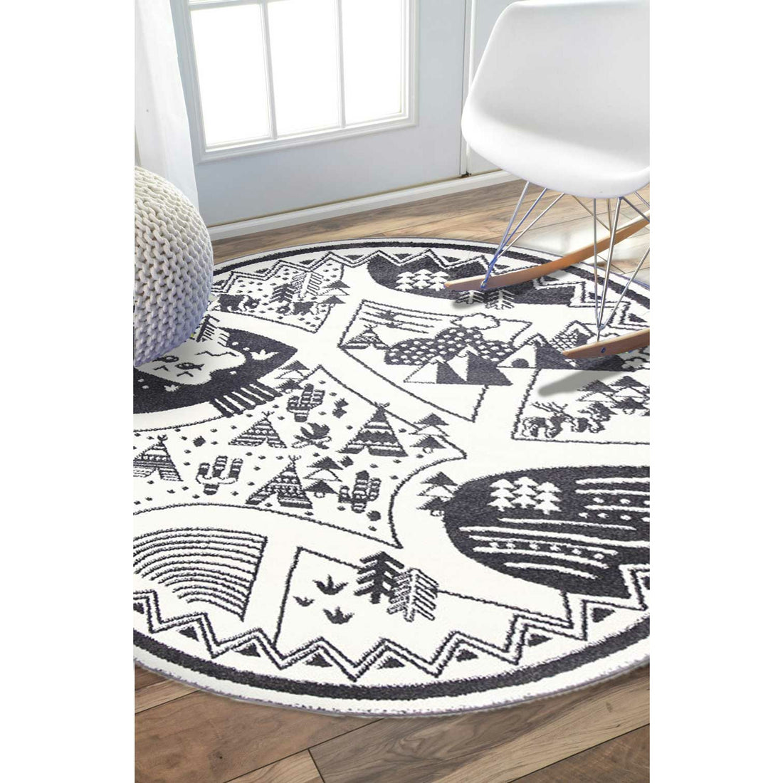 Piccolo Black and White Kids Camping Adventure Kids Rug 120x170cm