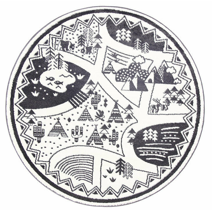 Piccolo Black and White Kids Camping Adventure Kids Rug 133x133cm Round