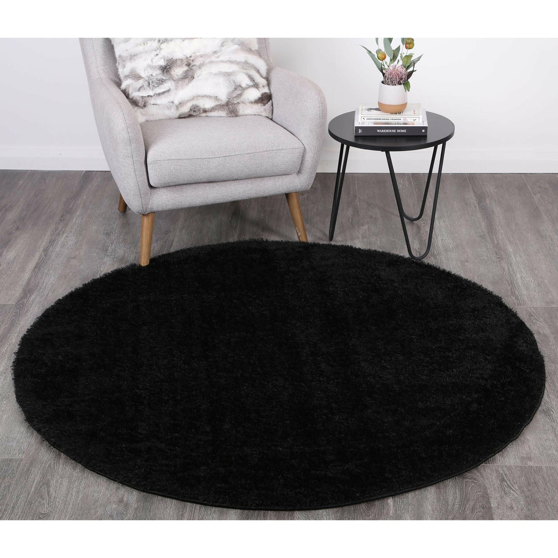 Puffy Soft Shaggy Round Rug Black 160x160 cm Round