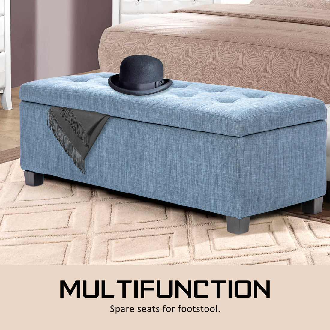 102cm Light Grey Blue Storage Ottoman Stool Fabric