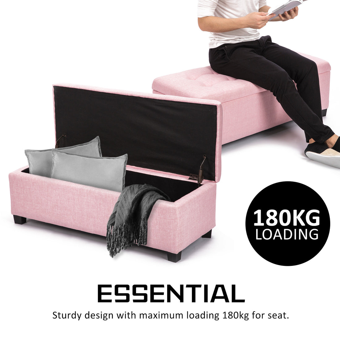 102cm Pink Storage Ottoman Stool Fabric