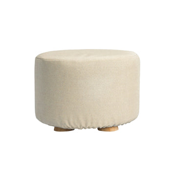 Beige Fabric Ottoman Round Wooden Leg Foot Stool