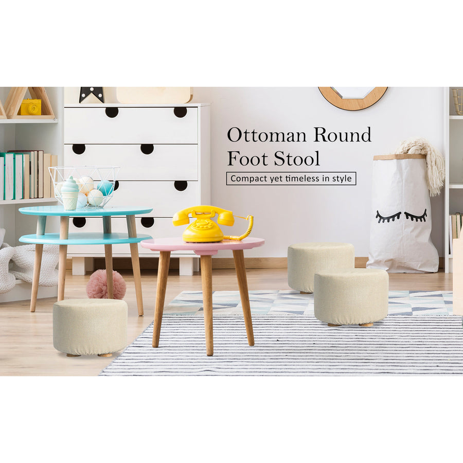 Beige Fabric Ottoman Round Wooden Leg Foot Stool