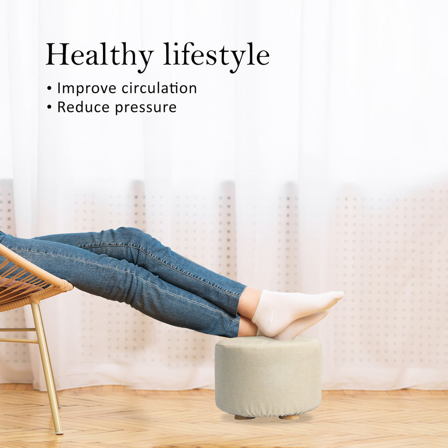 Beige Fabric Ottoman Round Wooden Leg Foot Stool