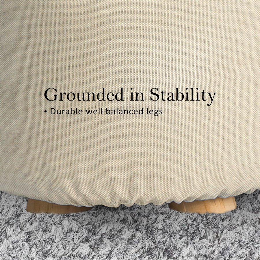 Beige Fabric Ottoman Round Wooden Leg Foot Stool