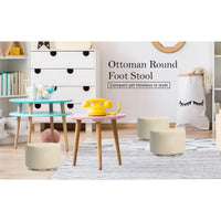 2 Set Beige Fabric Ottoman Round Wooden Leg Foot Stool