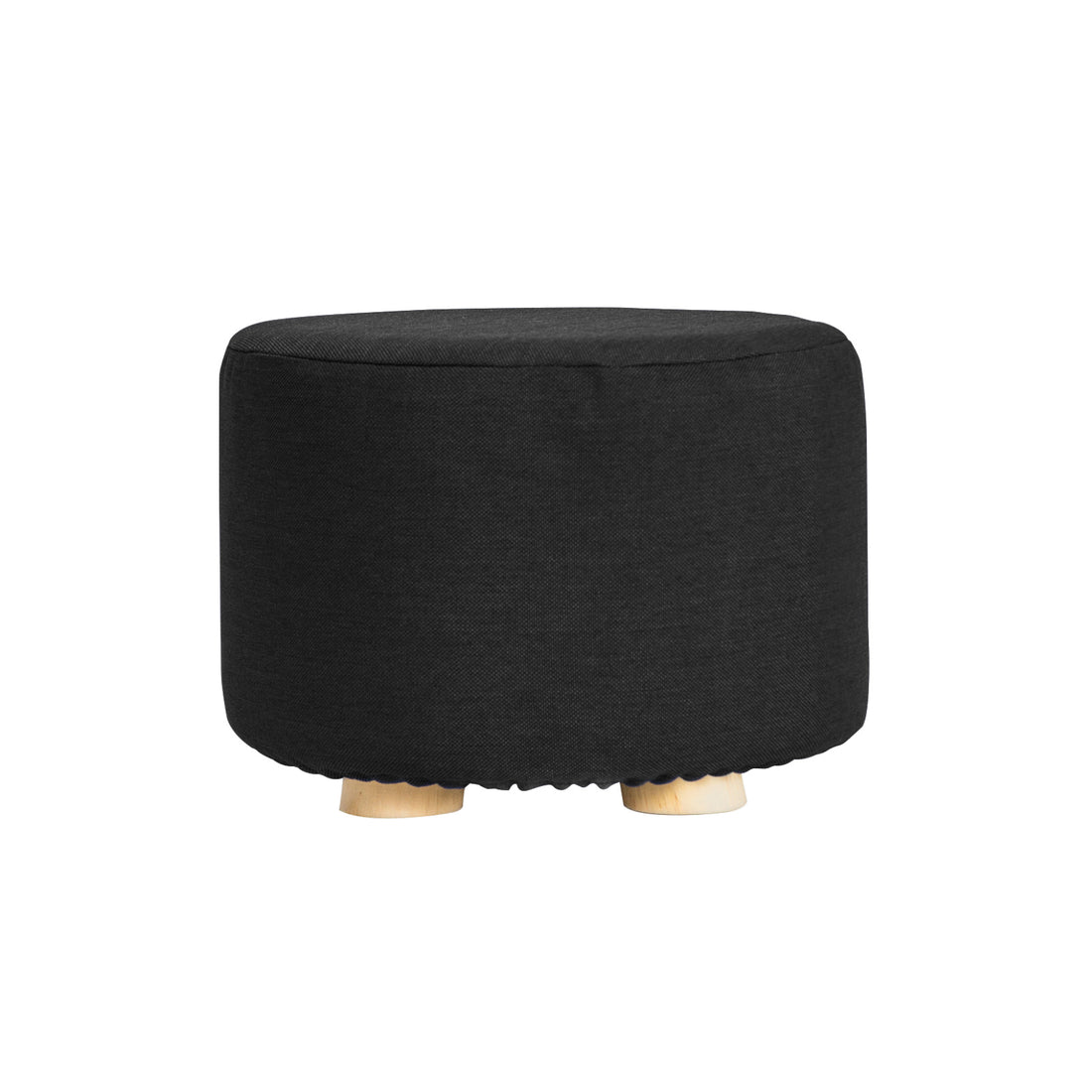 Black Fabric Ottoman Round Wooden Leg Foot Stool