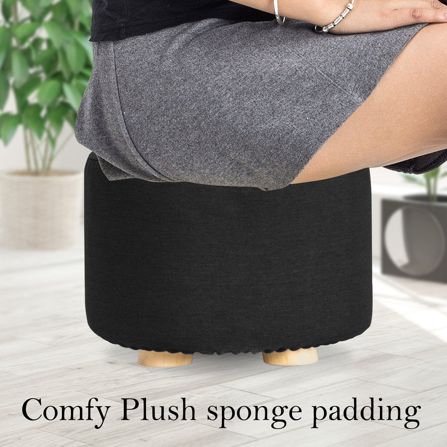 Black Fabric Ottoman Round Wooden Leg Foot Stool