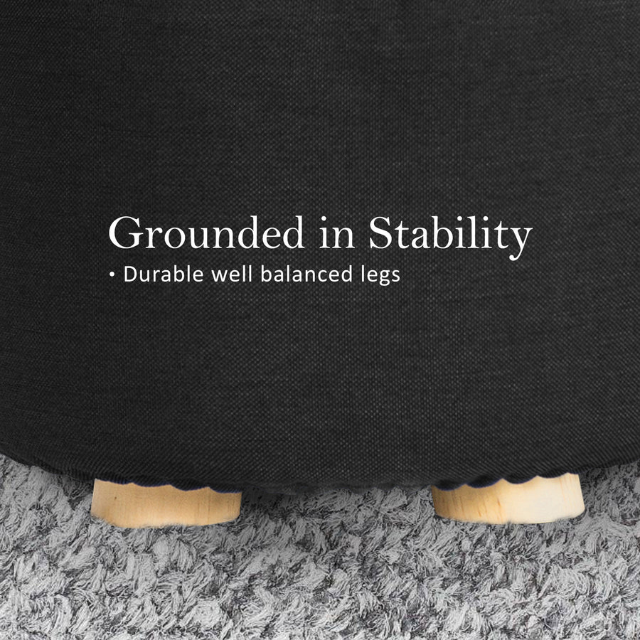 Black Fabric Ottoman Round Wooden Leg Foot Stool