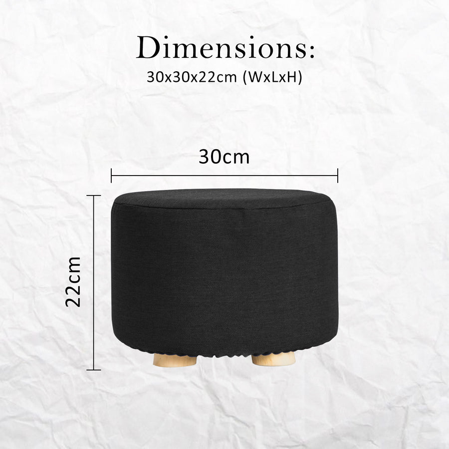 Black Fabric Ottoman Round Wooden Leg Foot Stool