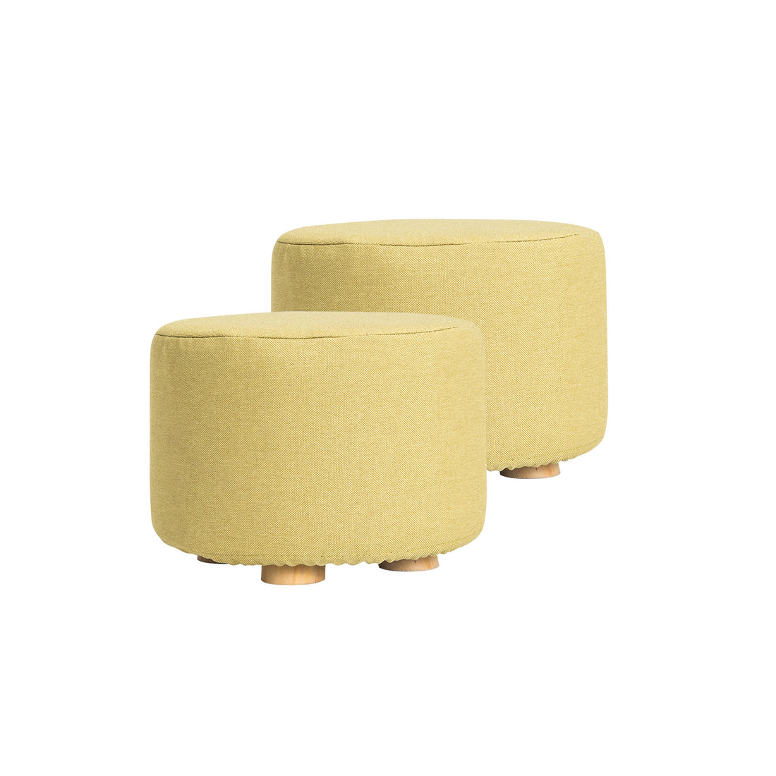 2 Set Mustard Yellow Fabric Ottoman Round Wooden Leg Foot Stool