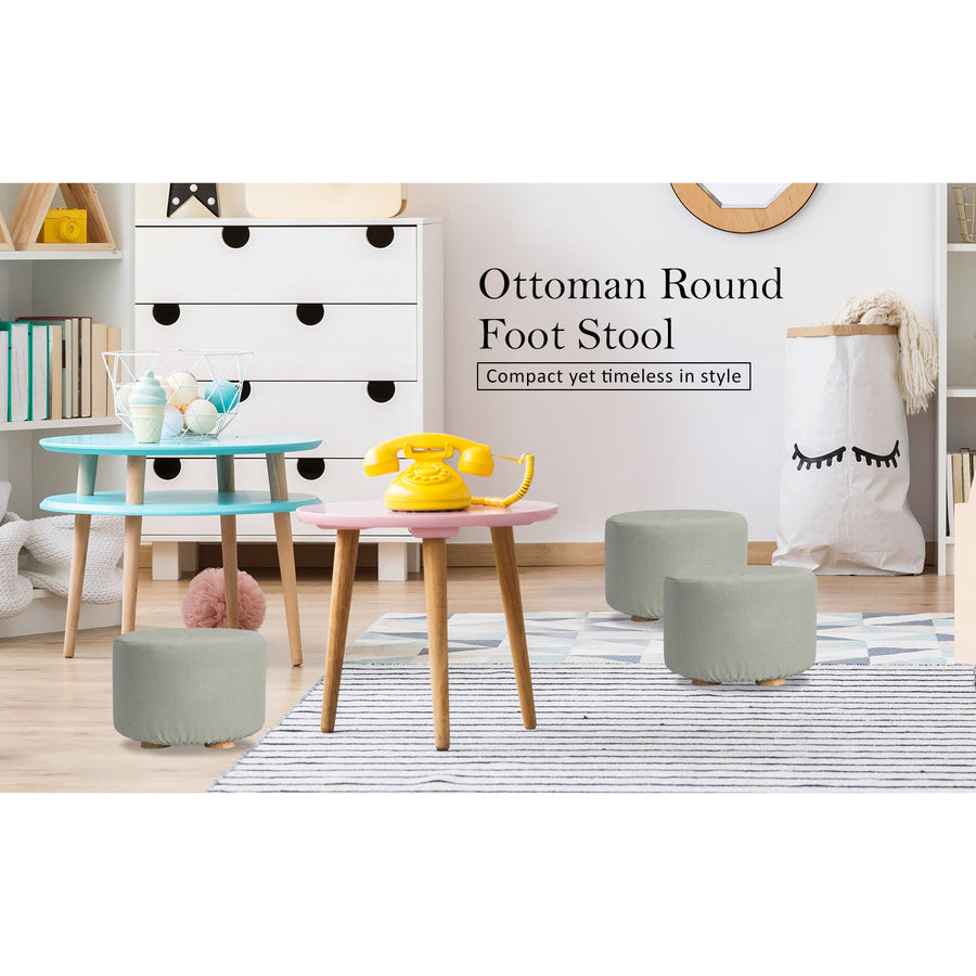 Grey Fabric Ottoman Round Wooden Leg Foot Stool