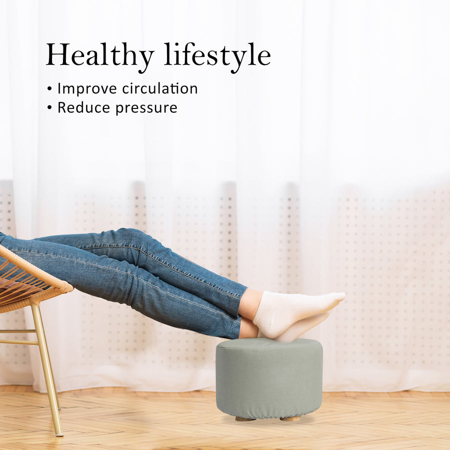 Grey Fabric Ottoman Round Wooden Leg Foot Stool