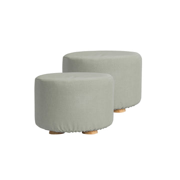 2 Set Grey Fabric Ottoman Round Wooden Leg Foot Stool