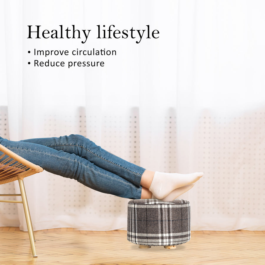 Lattice Fabric Ottoman Round Wooden Leg Foot Stool