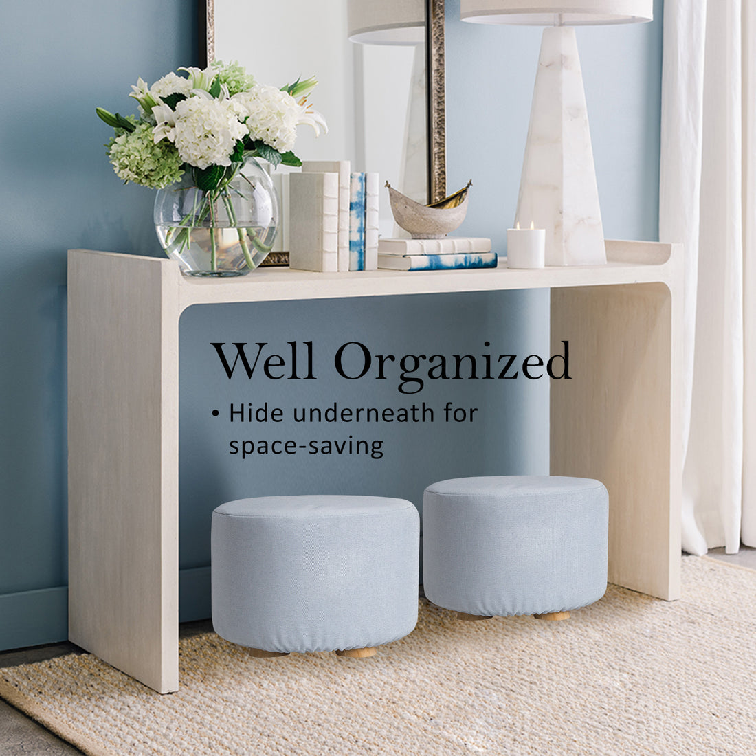 La Bella Light Blue Fabric Ottoman Round Wooden Leg Foot Stool