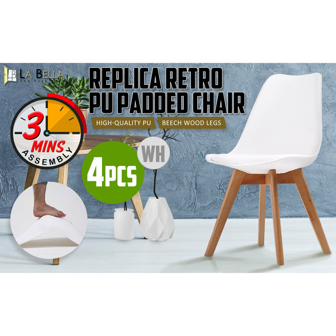 4 Set White Retro Dining Cafe Chair Padded Seat