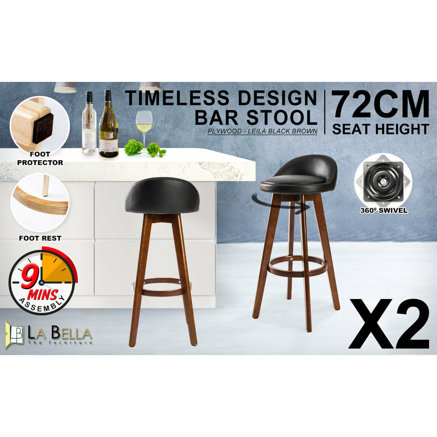 2 Set 72cm Black Brown Wooden Bar Stool Leila Leather