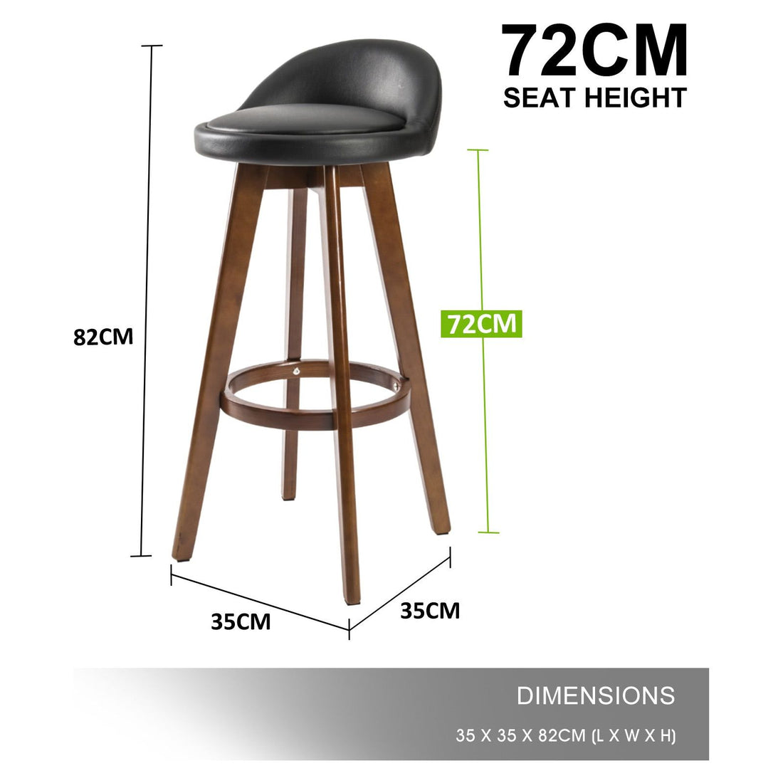 2 Set 72cm Black Brown Wooden Bar Stool Leila Leather