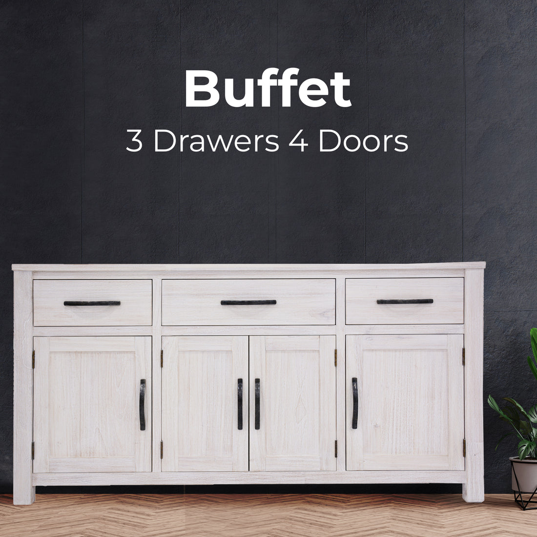 Foxglove Buffet Table 158cm 4 Door 3 Drawer Solid Mt Ash Timber Wood - White