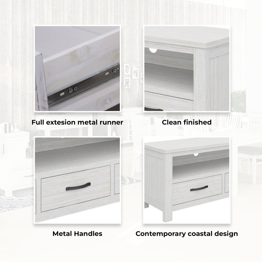 Foxglove Entertainment TV Unit 166cm 3 Drawer Solid Mt Ash Wood - White