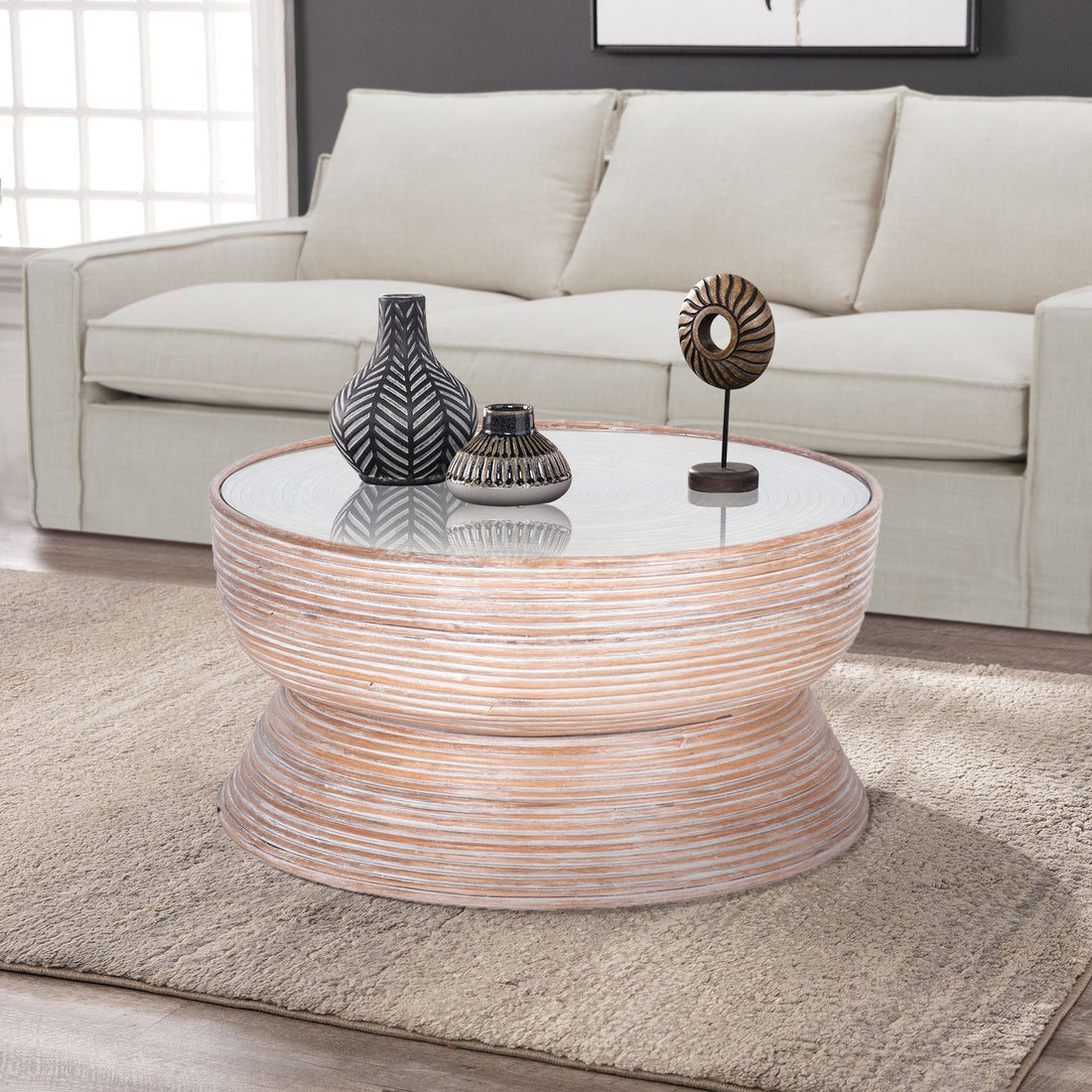 Clover Rattan Round Coffee Table 80cm with Glass Top - Whitewash