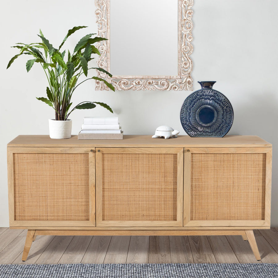 Olearia Buffet Table 150cm 3 Door Solid Mango Wood Storage Cabinet Natural