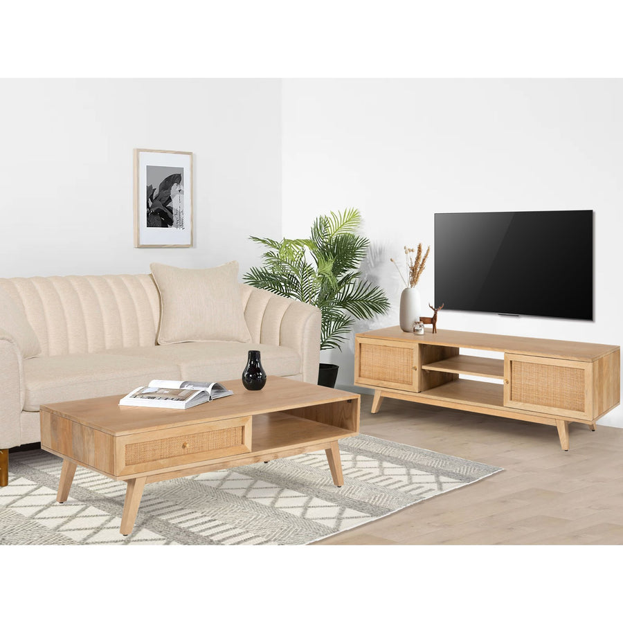 Olearia Entertainment TV Unit 150cm Solid Mango Wood Rattan 2 Door Natural