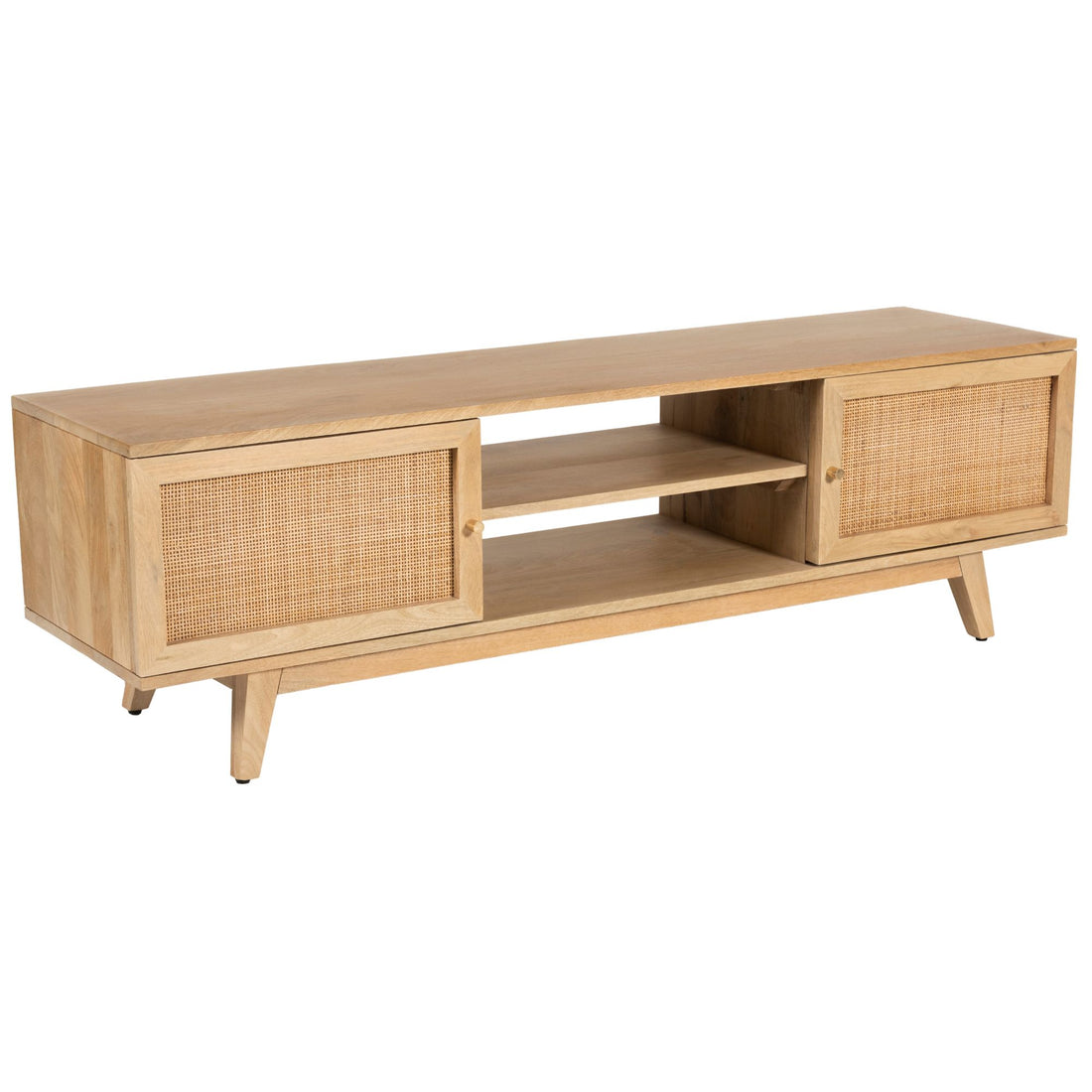 Olearia Entertainment TV Unit 150cm Solid Mango Wood Rattan 2 Door Natural