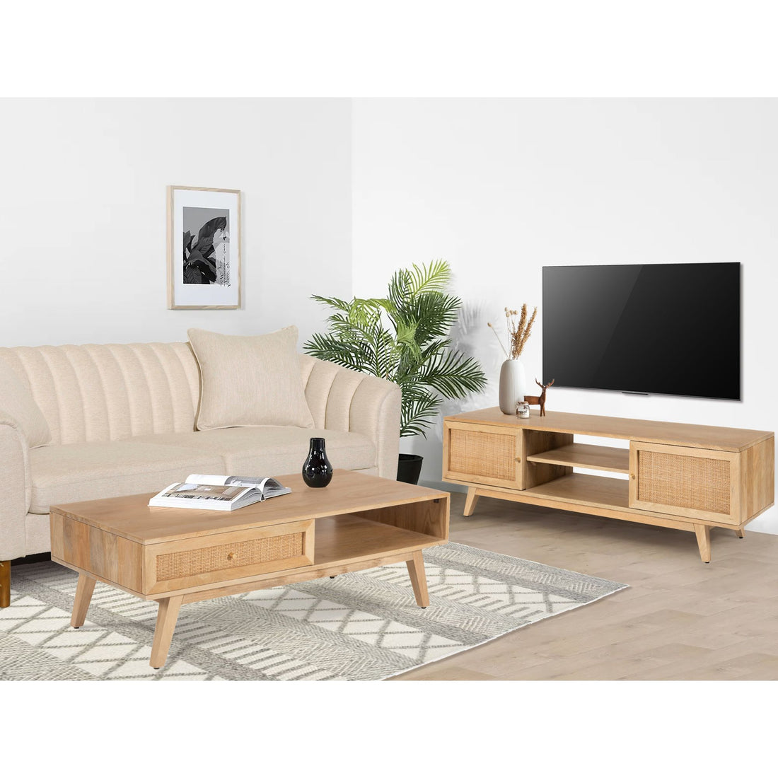 Olearia Entertainment TV Unit 175cm Solid Mango Wood Rattan 2 Door Natural