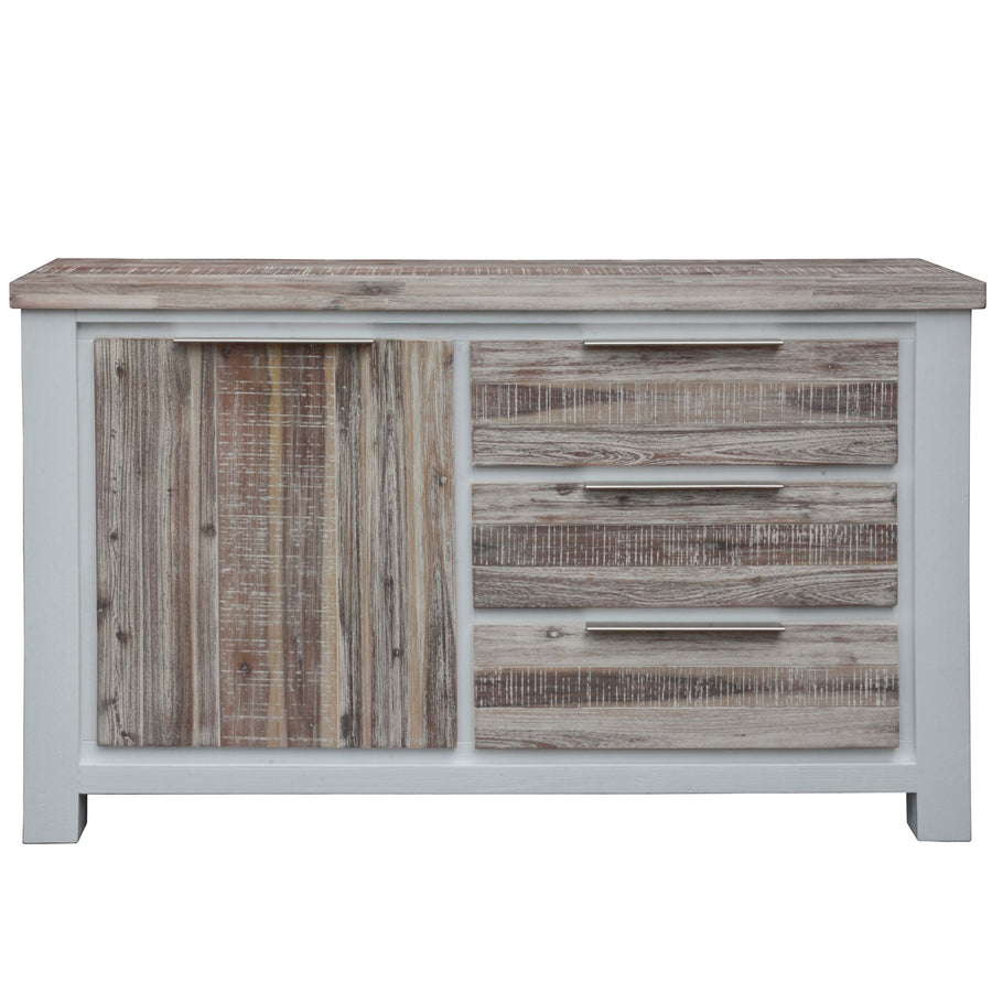 Plumeria Buffet Table 145cm 1 Door 3 Drawer Solid Acacia Timber - White Brush