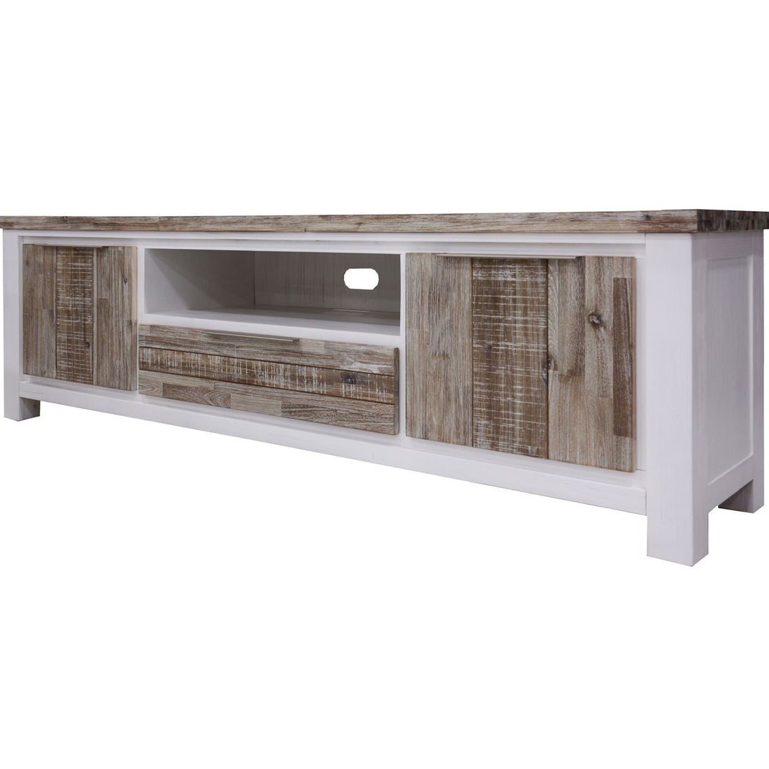 Plumeria Entertainment TV Unit 210cm 2 Door Solid Acacia Timber - White Brush